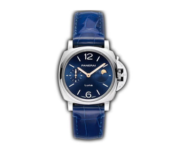 38mm Luminor Due Luna Stainless Steel Blue Sandwich Dial Blue Leather Strap