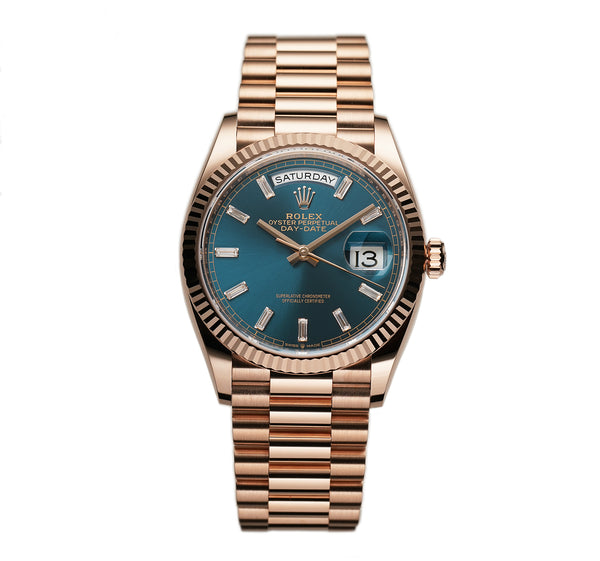 36mm 18k Everose Gold President Blue-Green Baguette Diamond Dial