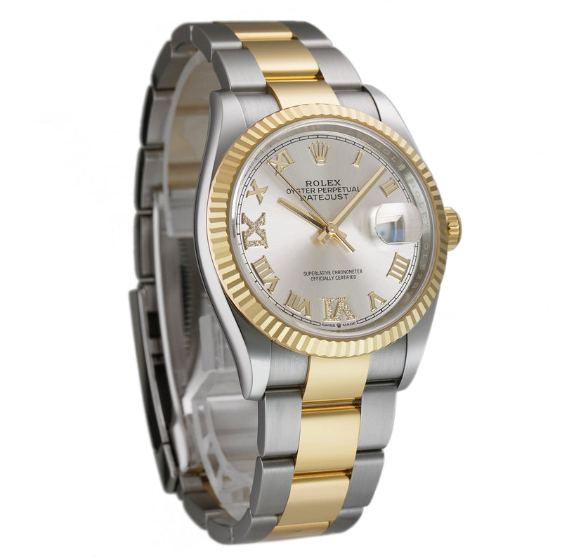 36mm Steel & Yellow Gold Fluted Bezel Silver Roman Diamond VI & IX Dial Oyster Bracelet