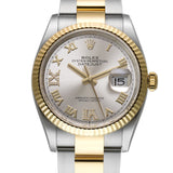 36mm Steel & Yellow Gold Fluted Bezel Silver Roman Diamond VI & IX Dial Oyster Bracelet
