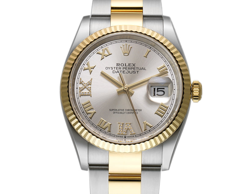 36mm Steel & Yellow Gold Fluted Bezel Silver Roman Diamond VI & IX Dial Oyster Bracelet