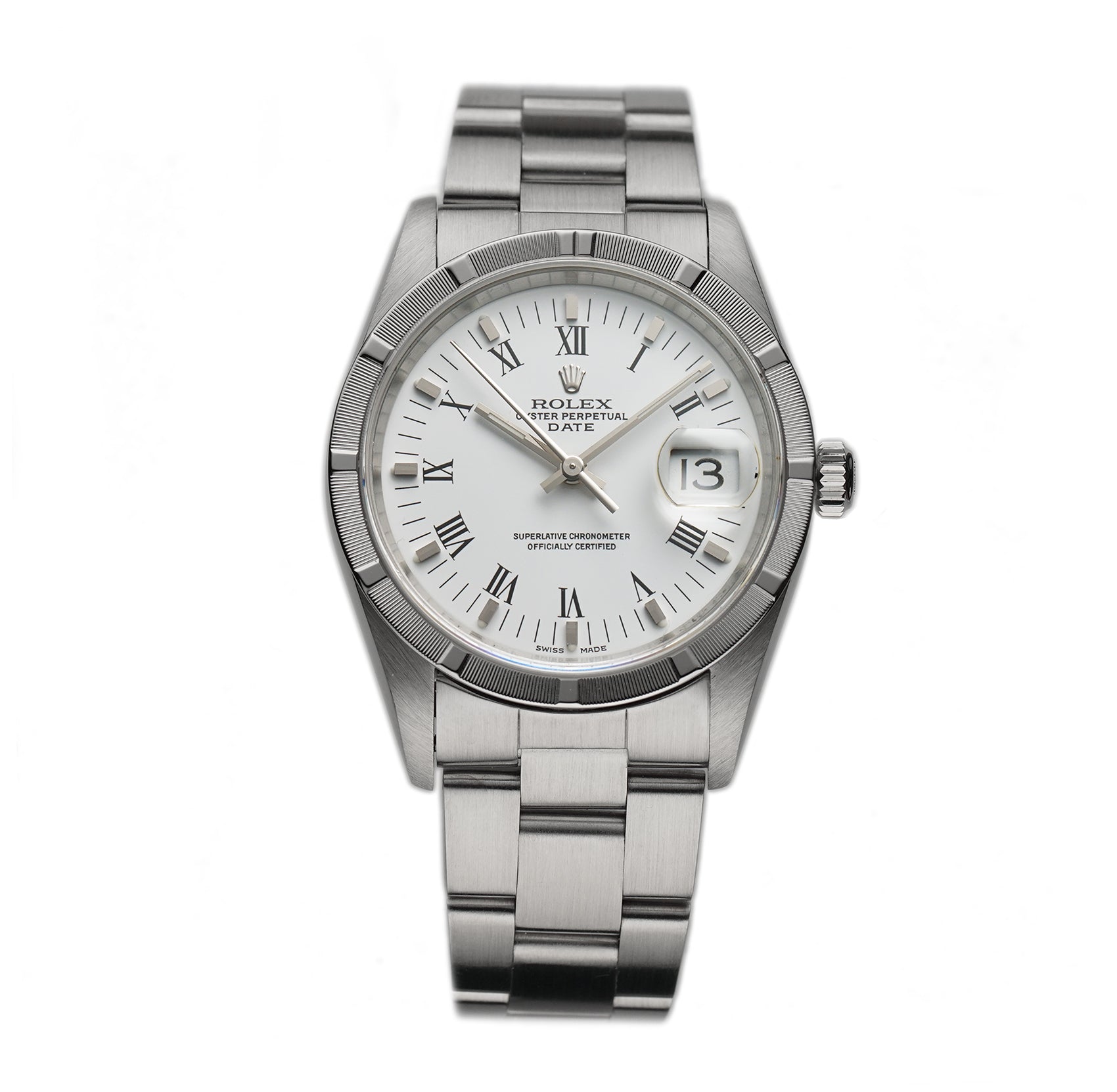 Rolex OP 34mm Vintage Date Steel Engine Turned Bezel White Dial
