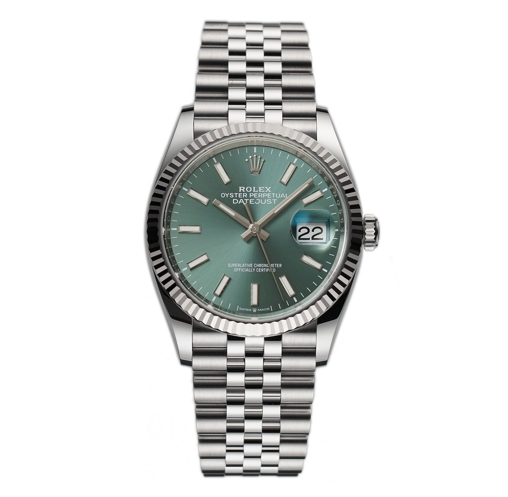 Green✨ Rolex DJ 36 Steel Mint Green Index 18k Fluted Bezel Jubilee 126234