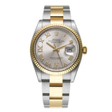 36mm Steel & Yellow Gold Fluted Bezel Silver Roman Diamond VI & IX Dial Oyster Bracelet