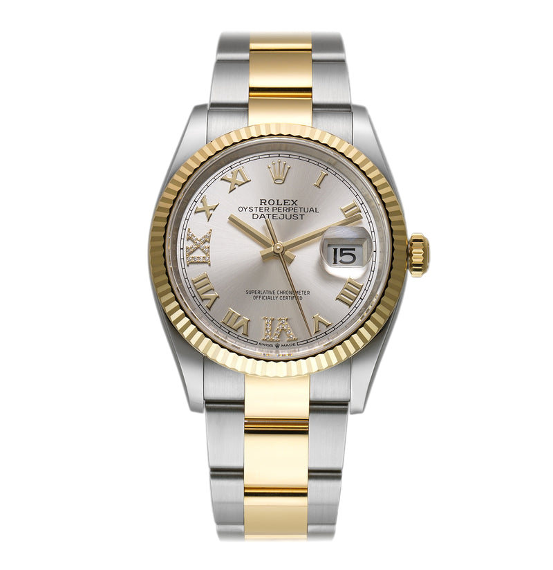 36mm Steel & Yellow Gold Fluted Bezel Silver Roman Diamond VI & IX Dial Oyster Bracelet