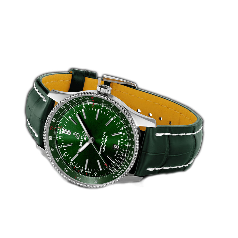 41mm Automatic Steel Green Dial Leather Strap Tang Buckle
