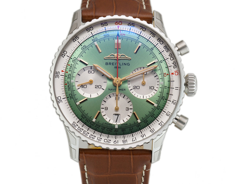 41mm B01 Chronograph Steel Mint Light Green Dial on Leather Strap