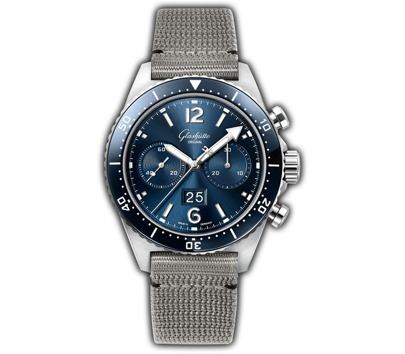 43mm SeaQ Chronograph Steel Blue Dial on Grey Synthetic Strap