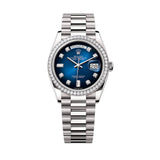 36mm 18k White Gold President Diamond Bezel Blue Ombré Baguette Diamond Dial