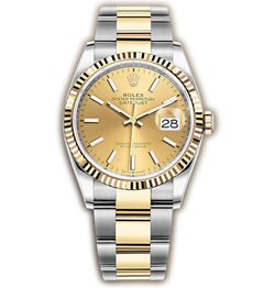 36mm Steel & Yellow Gold Fluted Bezel Champagne Index Dial Oyster Bracelet