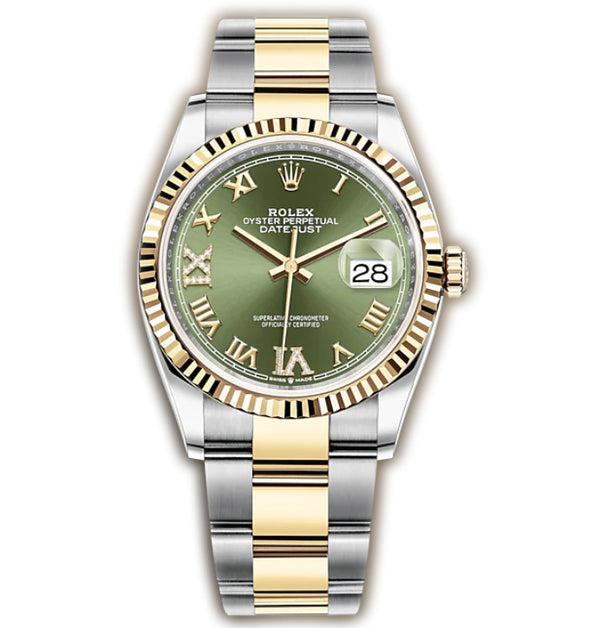 36mm Steel & Yellow Gold Fluted Bezel Olive Green Roman Diamond VI and IX Dial Oyster Bracelet