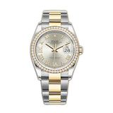 36mm Steel & Yellow Gold Diamond Bezel Silver Roman Diamond VI & IX Dial Oyster Bracelet