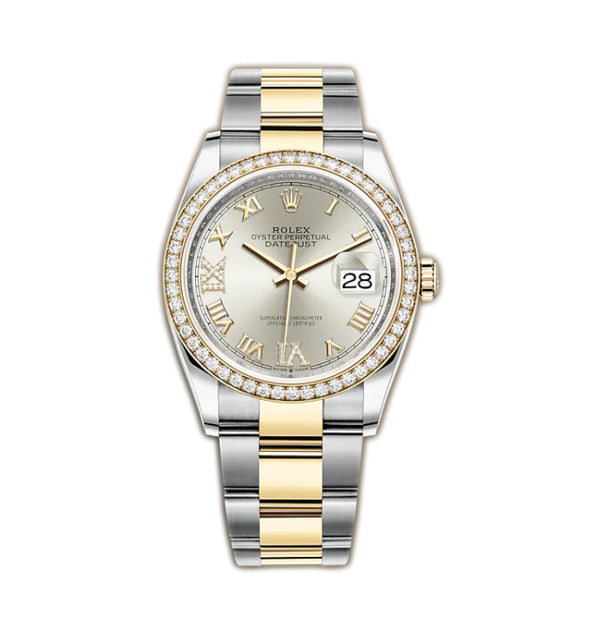 36mm Steel & Yellow Gold Diamond Bezel Silver Roman Diamond VI & IX Dial Oyster Bracelet