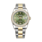 36mm Steel & 18K YG Diamond Bezel Diamond VI & XI Olive Dial