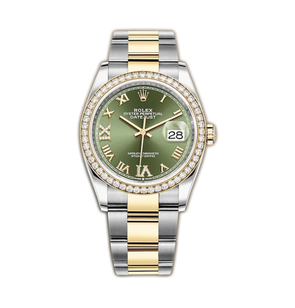 36mm Steel & Yellow Gold Diamond Bezel Olive Green Roman Diamond VI & IX Dial Oyster Bracelet