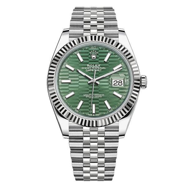 Steel 41mm 18k White Gold Bezel Green Fluted Motif Index Dial Jubilee