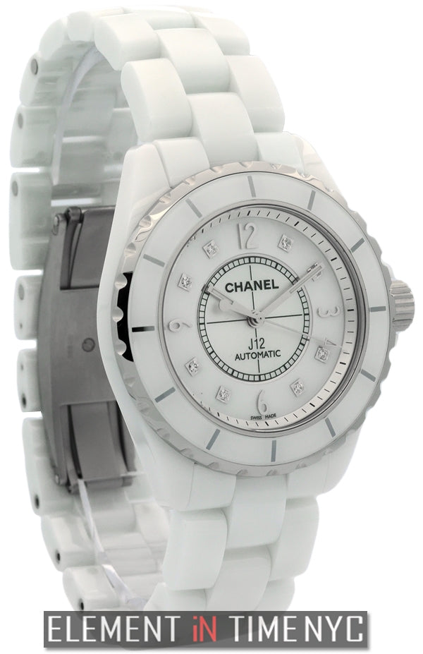Chanel J12 White Ceramic Mother Of Pearl Diamond Dial 38mm Quartz H3214 –  Element iN Time NYC