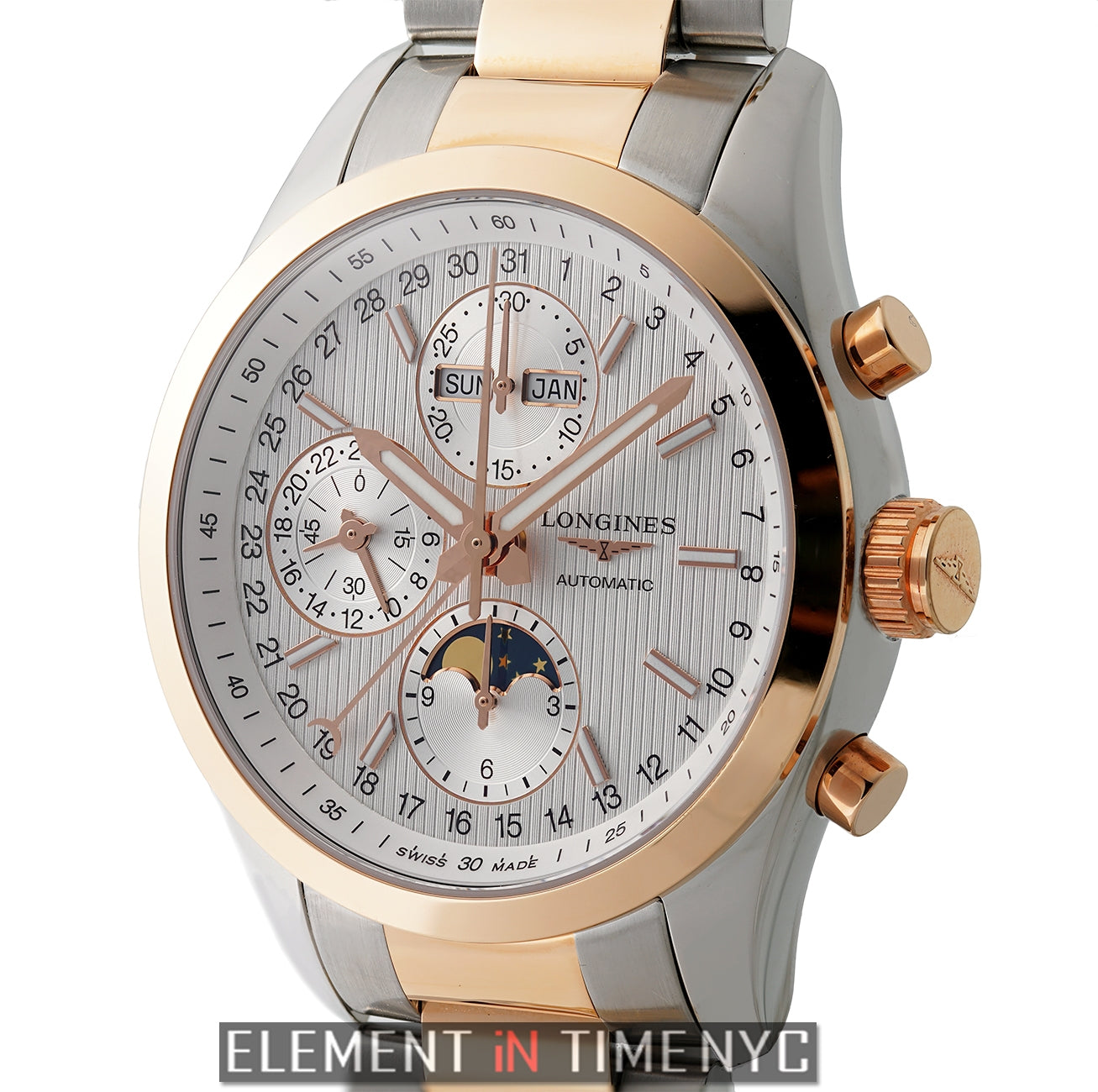 Longines Conquest Chronograph Moonphase 42mm Steel 18k Rose Gold