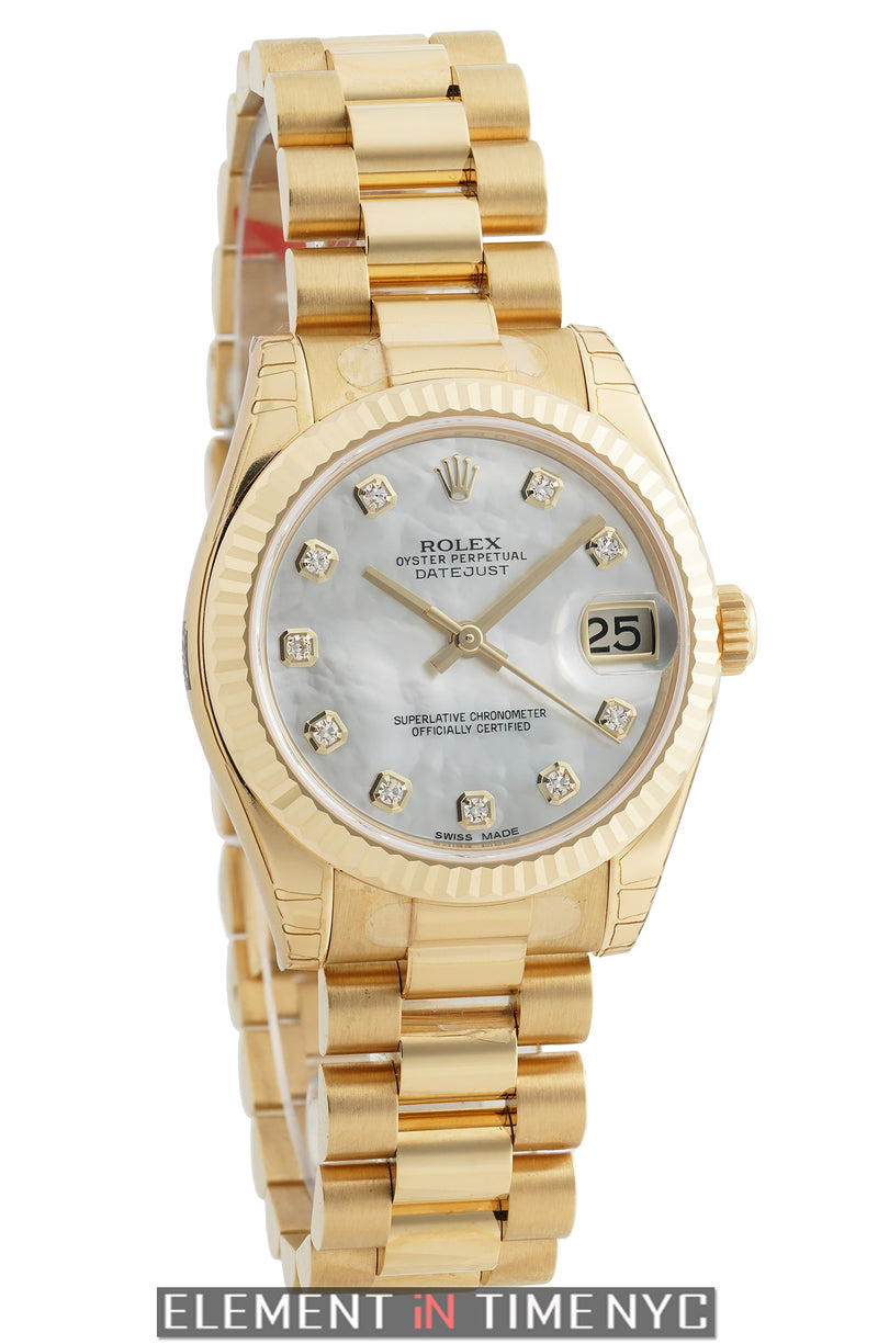 President 18k Yellow Gold 31mm Mother Of Pearl Diamond Dial