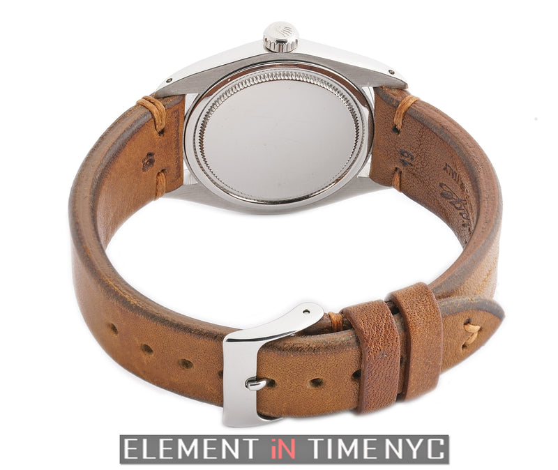 Vintage Stainless Steel On Brown Leather 34mm Silver Dial Circa 1973