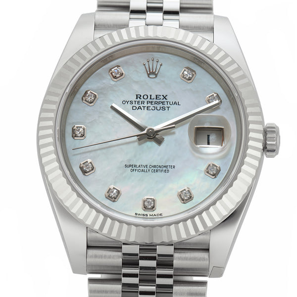 Rolex Datejust Steel 41mm 18k Fluted Bezel Mother Of Pearl Diamond