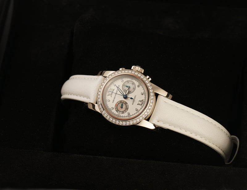 Ladies 18k White Gold Chrono 31mm Factory Set Diamonds Mother Of Pearl
