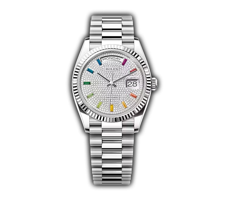 36mm Platinum President Fluted Bezel Diamond Paved Rainbow Dial