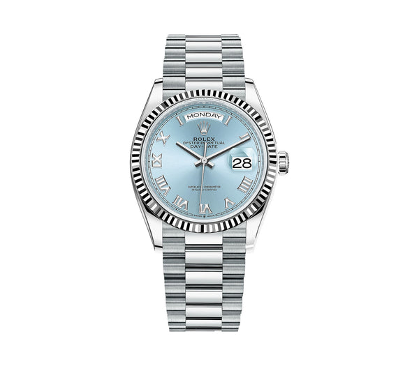 36mm Platinum President Fluted Bezel Ice-Blue Roman  Dial