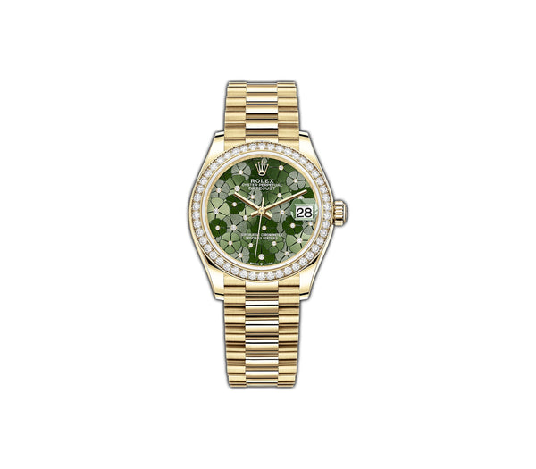 31mm 18k Yellow Gold President Diamond Bezel Olive Green Floral Motif Diamond Dial