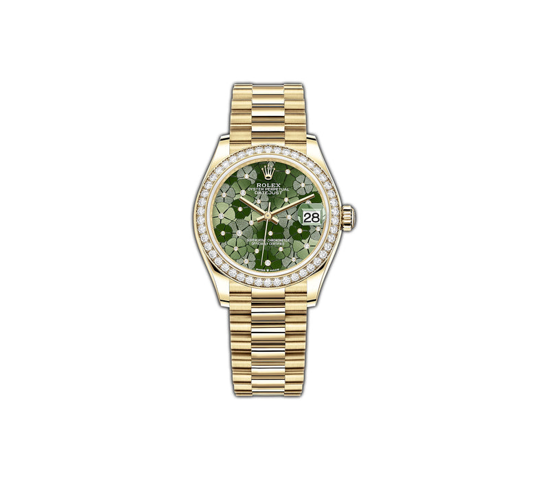 31mm 18k Yellow Gold President Diamond Bezel Olive Green Floral Motif Diamond Dial