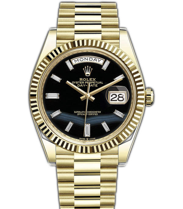 40mm 18k Yellow Gold President ONYX Baguette Diamond Dial