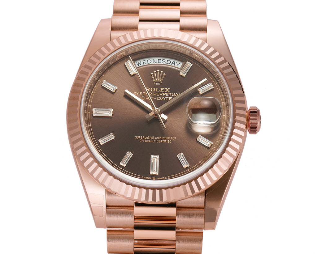 Rolex Day Date 40 Everose Gold Chocolate Brown Diamond Dial