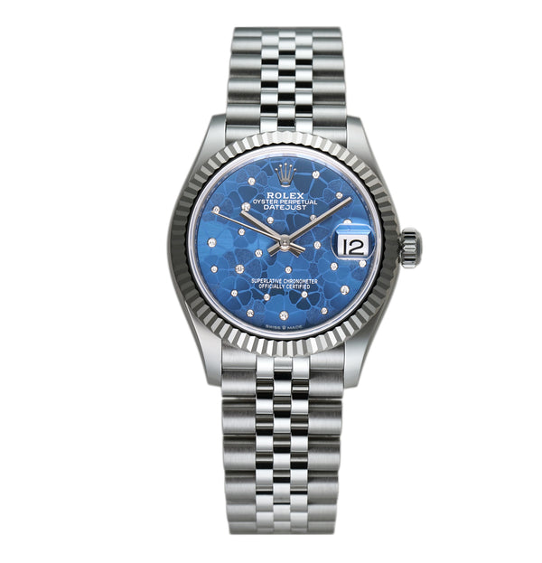 31mm Steel Azzuro Blue Floral-Motif Diamond Dial 18k Fluted Bezel Jubilee