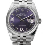 36mm Steel Purple Aubergine Roman Diamond VI And IX Dial 18k Fluted Bezel Jubilee Bracelet