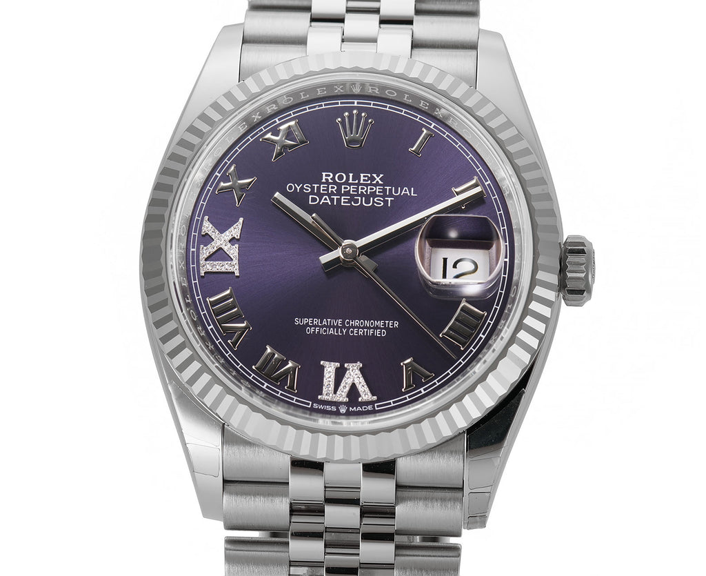 Rolex Datejust 36 Aubergine Roman Diamond VI IX Dial 18k Bezel