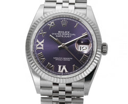 36mm Steel Purple Aubergine Roman Diamond VI And IX Dial 18k Fluted Bezel Jubilee Bracelet