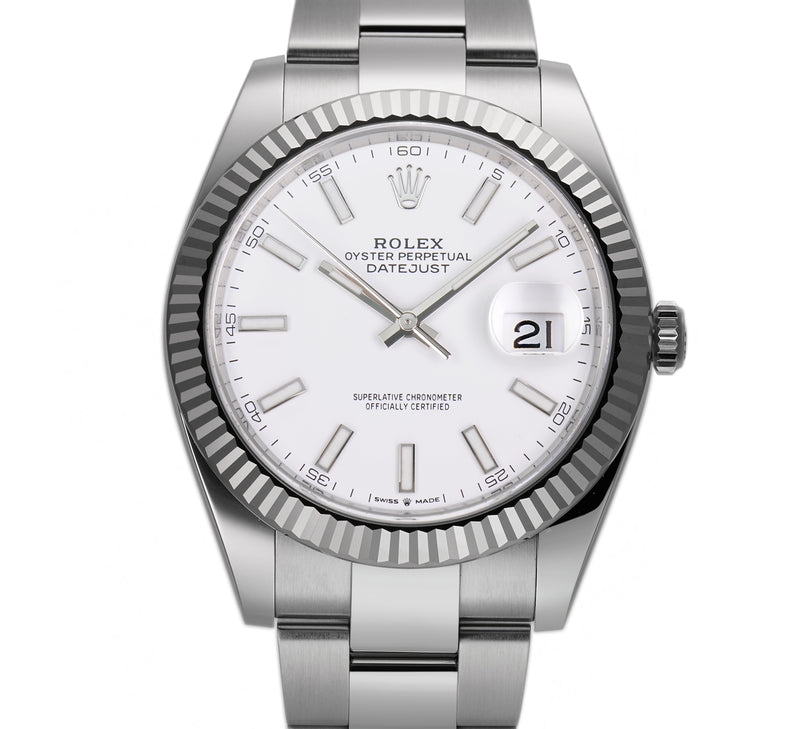 41mm Steel White Index Dial 18k White Gold Fluted Bezel Oyster Bracelet