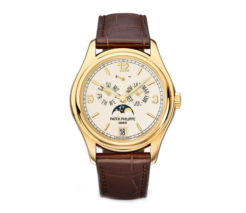 Annual Calendar Moon Phase 18k Yellow Gold 39mm Cream White Dial On Strap