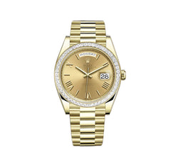 40mm 18k Yellow Gold President Baguette Diamond Bezel Champagne Roman Dial