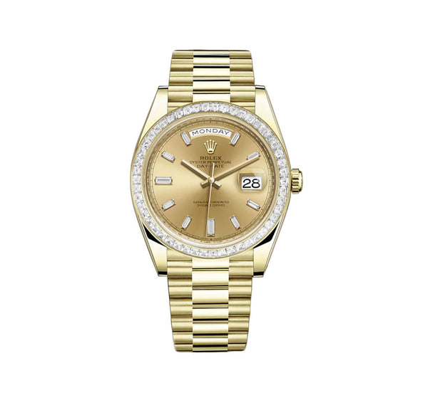 40mm 18k Yellow Gold President Baguette Diamond Bezel Champagne Baguette Diamond Dial