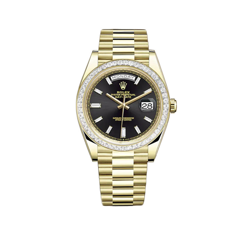 40mm 18k Yellow Gold President Baguette Diamond Bezel Black Baguette Diamond Dial