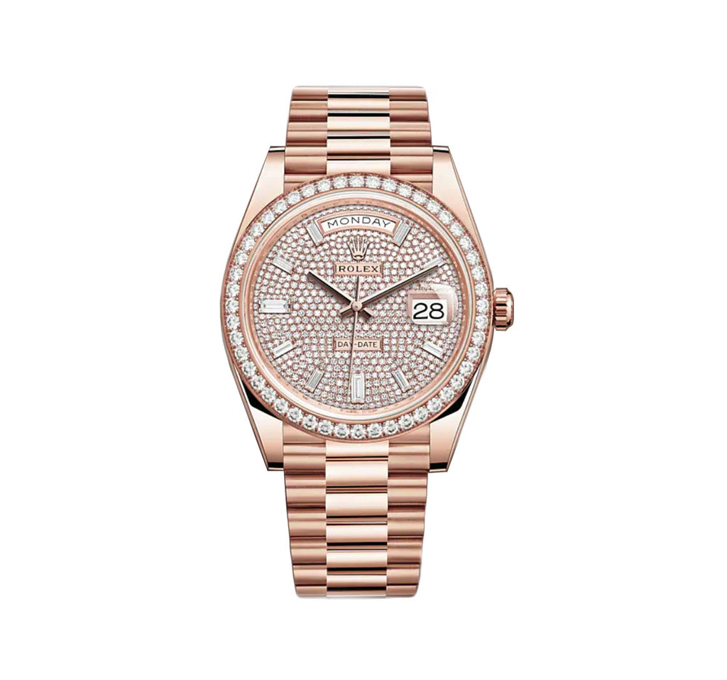 Rolex Day Date 40 18k Everose Gold President Pave Baguette