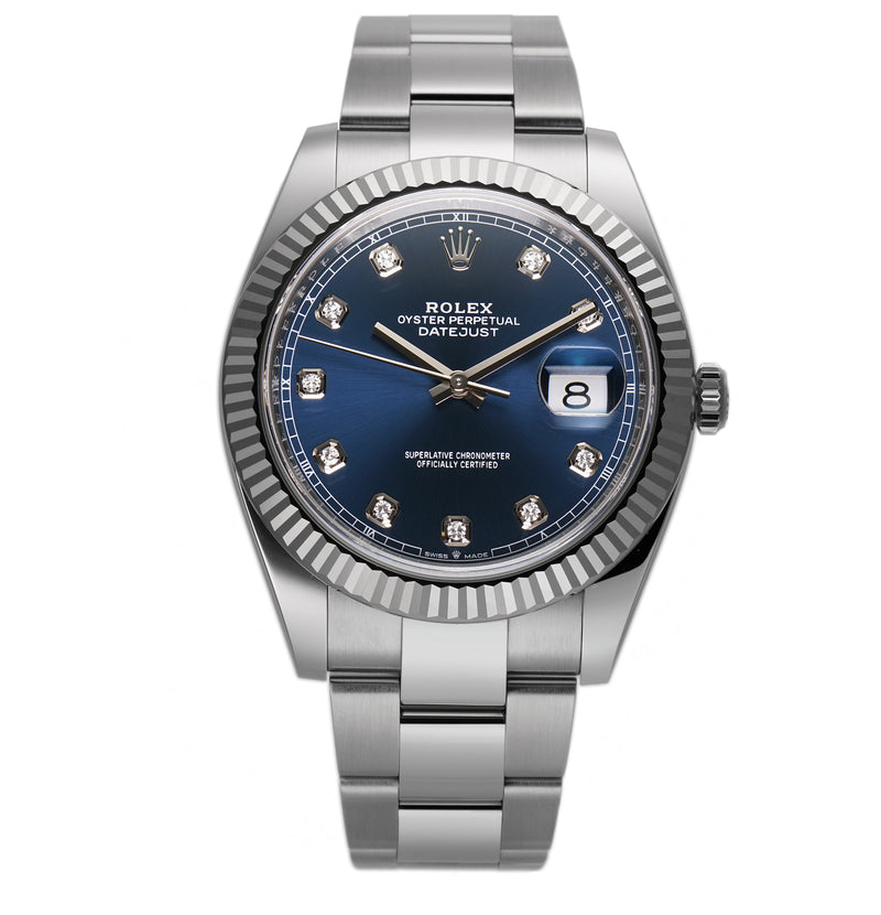 41mm Steel Blue Diamond Dial 18k Fluted Bezel Oyster Bracelet