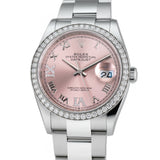 36mm Steel & Diamond Bezel Pink Roman Diamond VI & IX Dial Oyster Bracelet