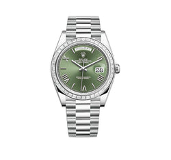 Platinum President Baguette Diamond Bezel Olive Green Roman Dial