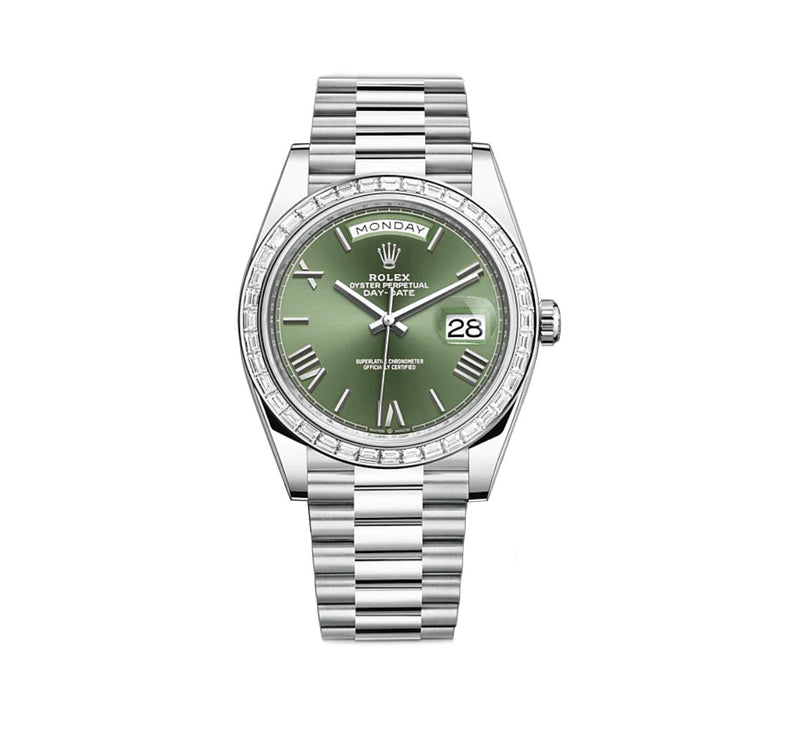 Platinum President Baguette Diamond Bezel Olive Green Roman Dial