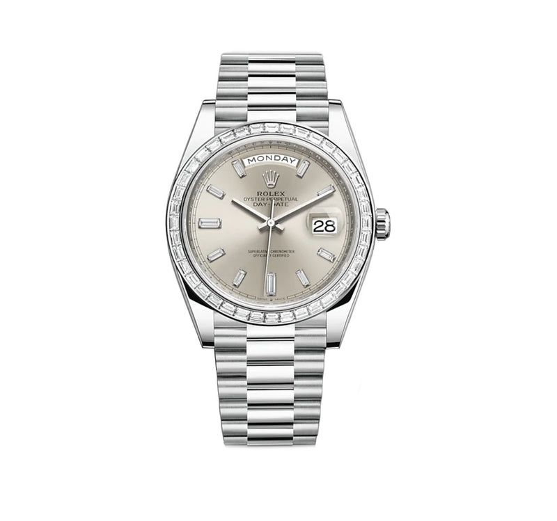 40mm Platinum President Baguette Diamond Bezel Silver Baguette Diamond Dial