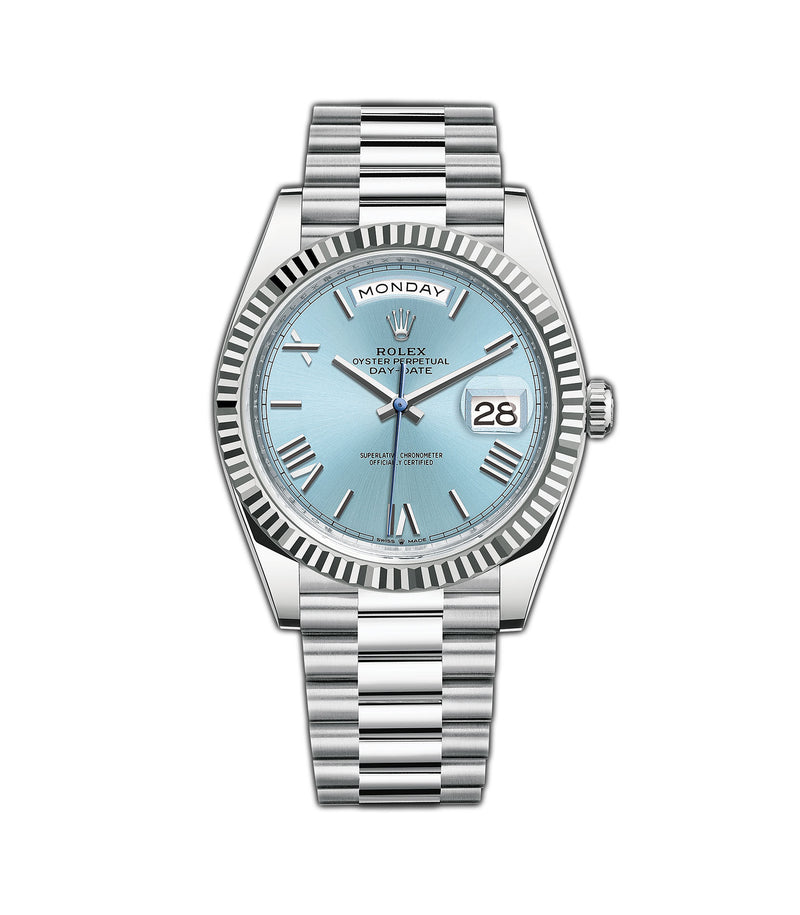 40mm Platinum President Fluted Bezel Ice Blue Roman Dial