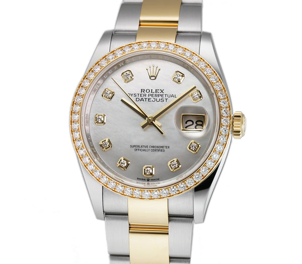 36mm Steel & Yellow Gold White MOP Diamond Dial & Bezel On Oyster Bracelet