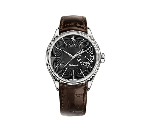 Date 18k White Gold 39mm Black Dial On Brown Strap